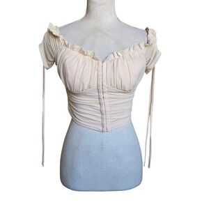 Windsor Womens Medium Off Shoulder Ruffle‎ Trim Ruched Bust Tie Sleeve Crop Top